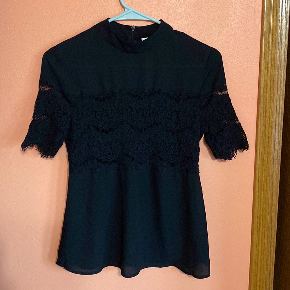 Wayf mockneck black lace blouse